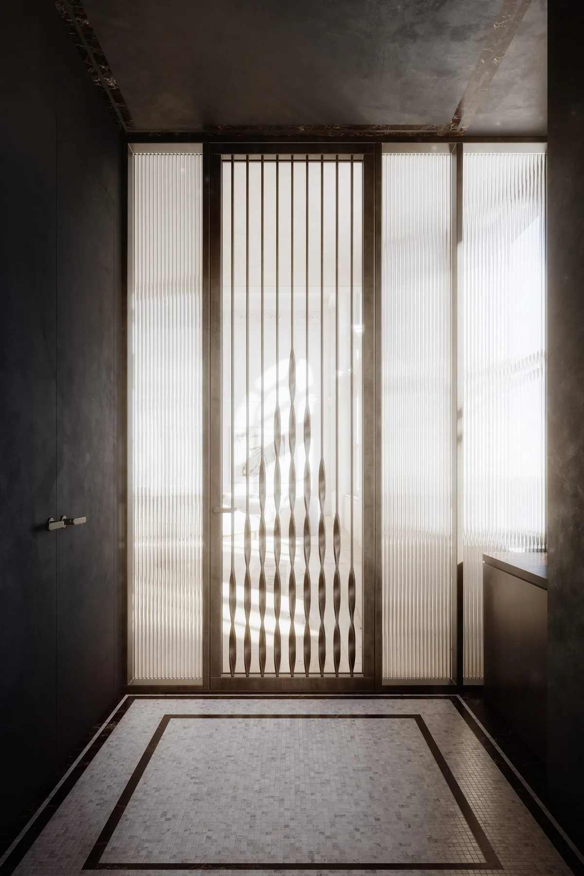 Entrance at 260 West Broadway, New York. CGI by Darcstudio for Of Possible.