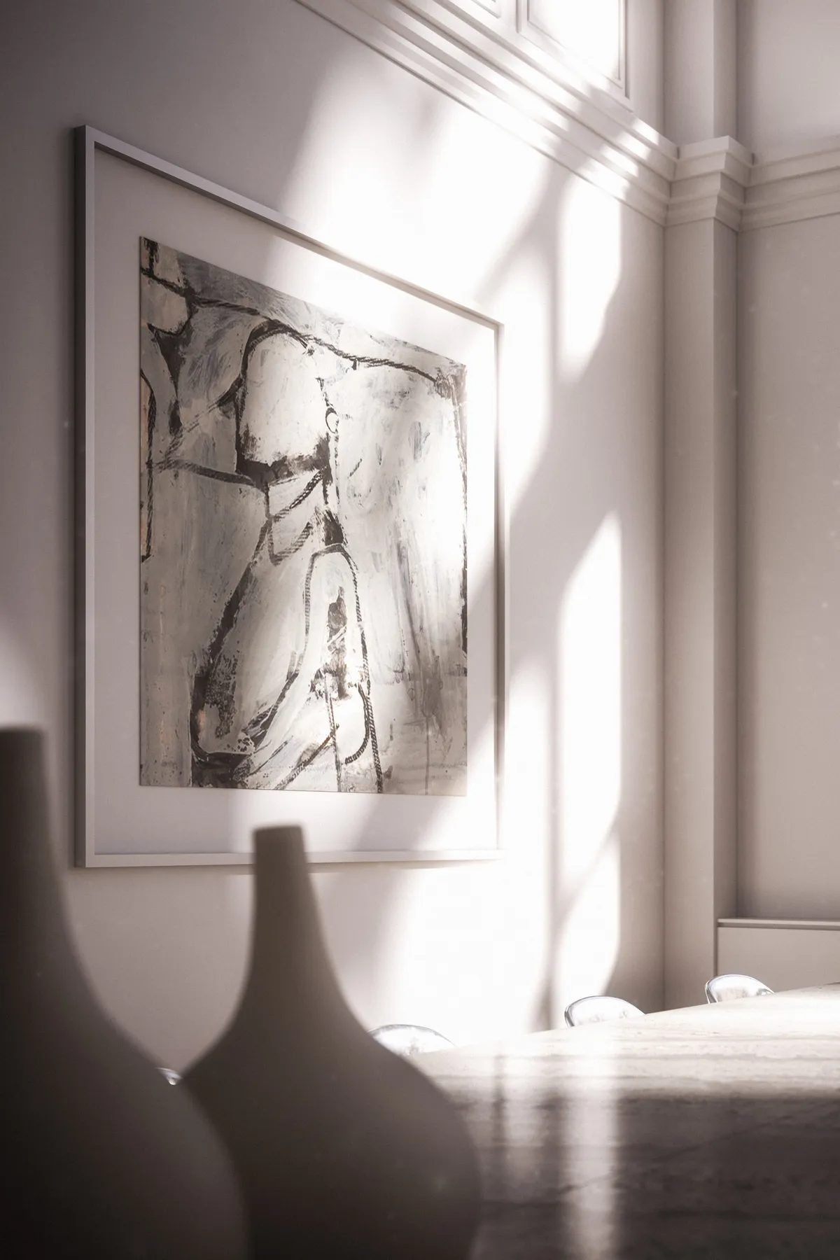 Living room with artwork at 260 West Broadway, New York. CGI by Darcstudio for Of Possible.