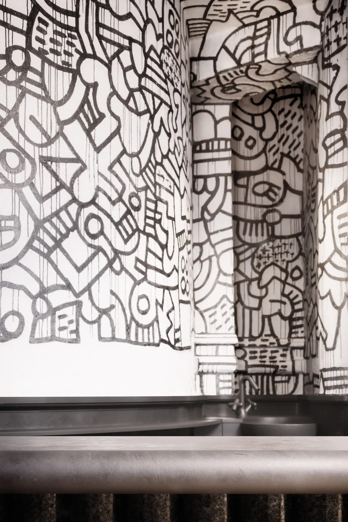 Bathroom with mural at 260 West Broadway, New York. CGI by Darcstudio for Of Possible.