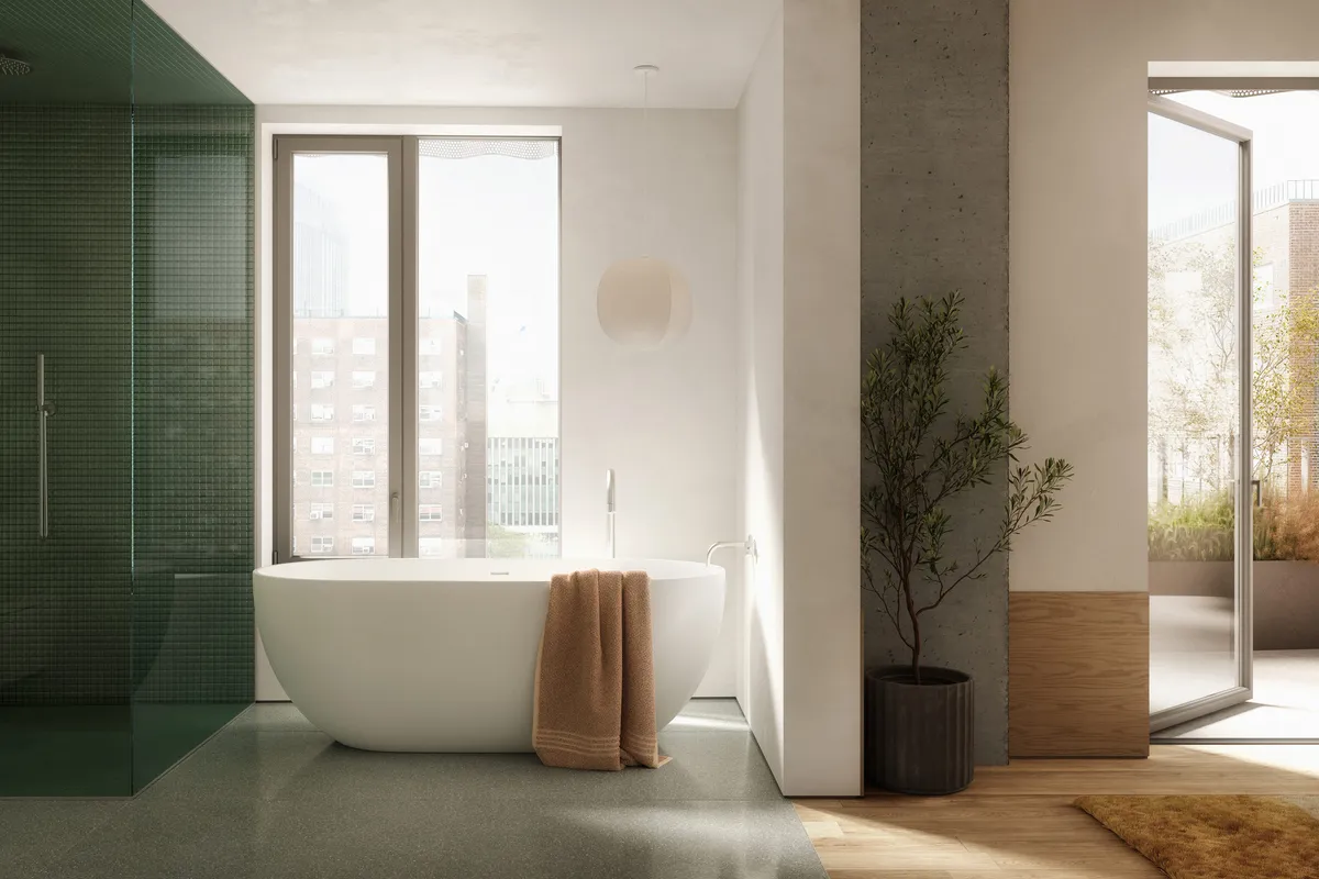 Unit 9 bathroom at 9 Chapel Street, New York. CGI by Darcstudio for Tankhouse.