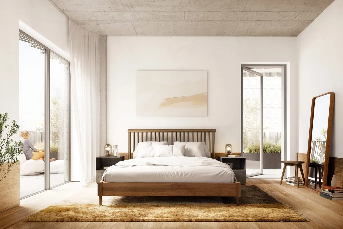 Unit 9 bedroom at 9 Chapel Street, New York. CGI by Darcstudio for Tankhouse.