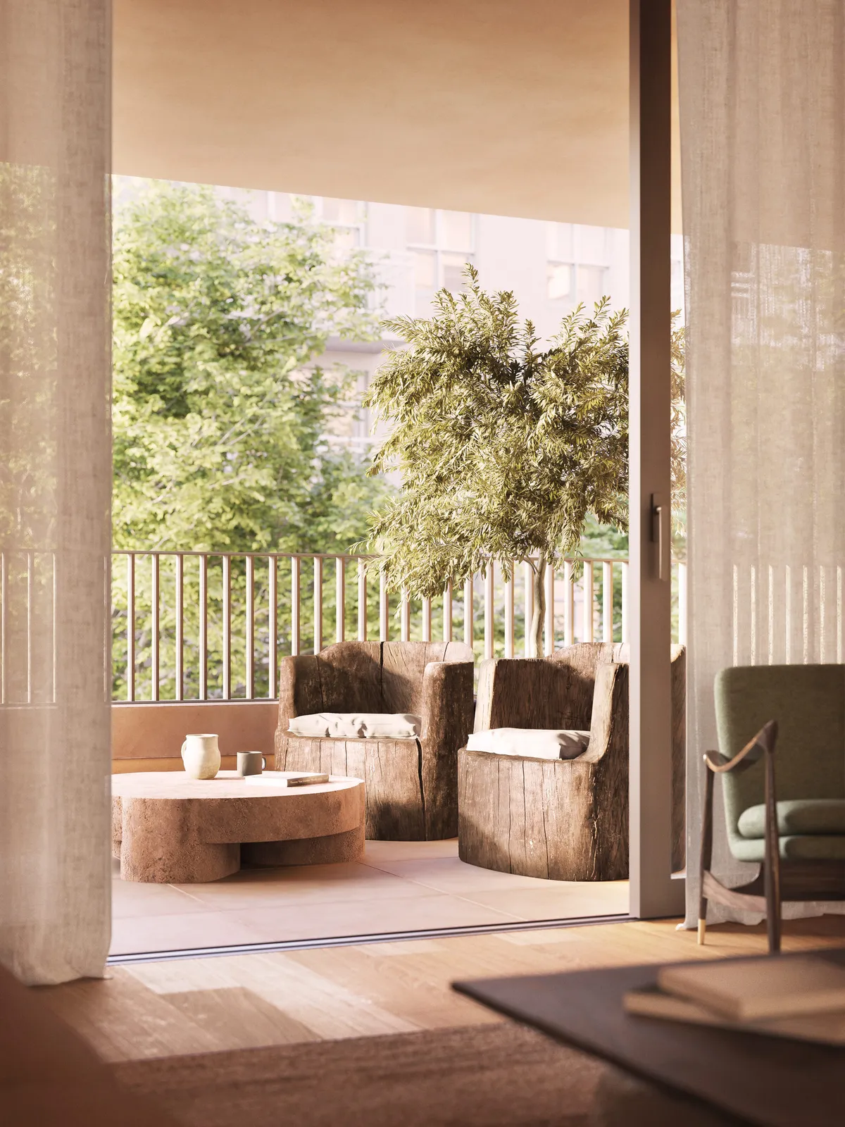 Residence 406w living room vignette at Bergen, Boerum Hill, Brooklyn. CGI by Darcstudio for Avdoo + Partners and Taller Frida Escobedo.