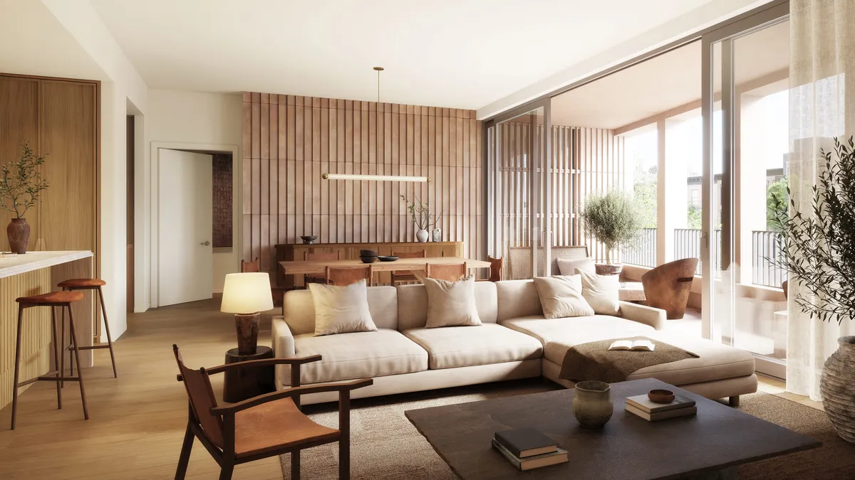 Residence 408w living dining terrace at Bergen, Boerum Hill, Brooklyn. CGI by Darcstudio for Avdoo + Partners and Taller Frida Escobedo.