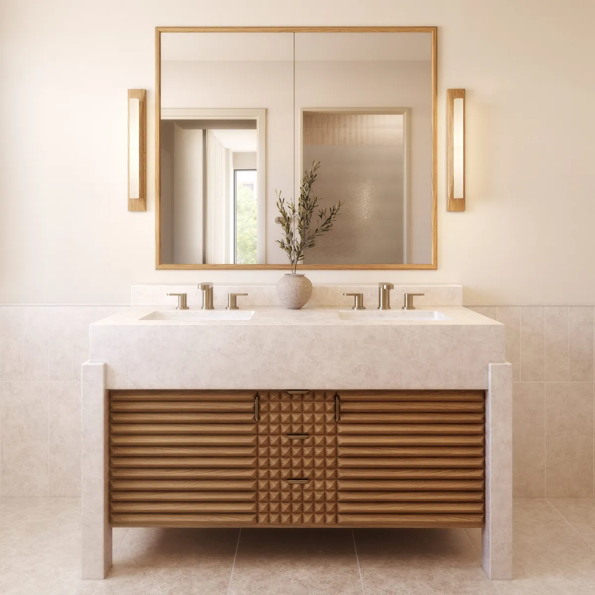 Residence 408w primary bathroom at Bergen, Boerum Hill, Brooklyn. CGI by Darcstudio for Avdoo + Partners and Taller Frida Escobedo.
