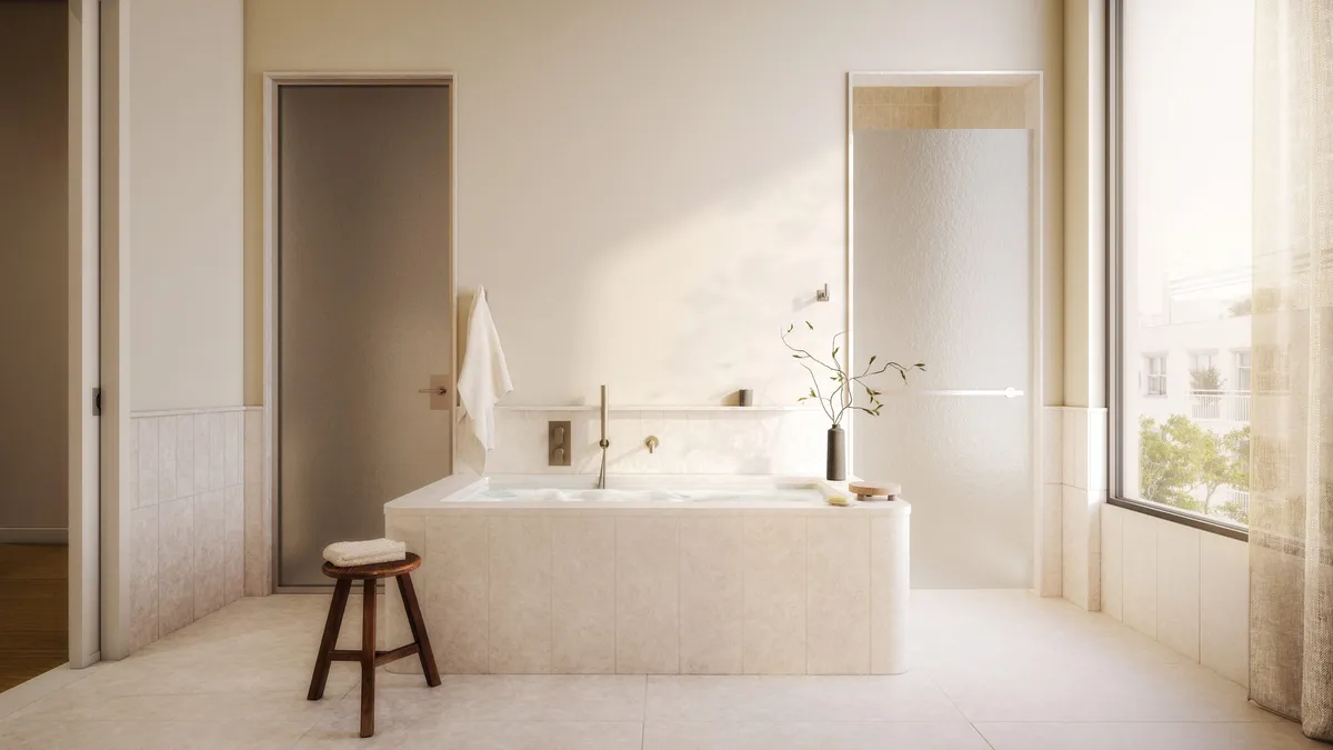 Residence 601w primary bathroom at Bergen, Boerum Hill, Brooklyn. CGI by Darcstudio for Avdoo + Partners and Taller Frida Escobedo.