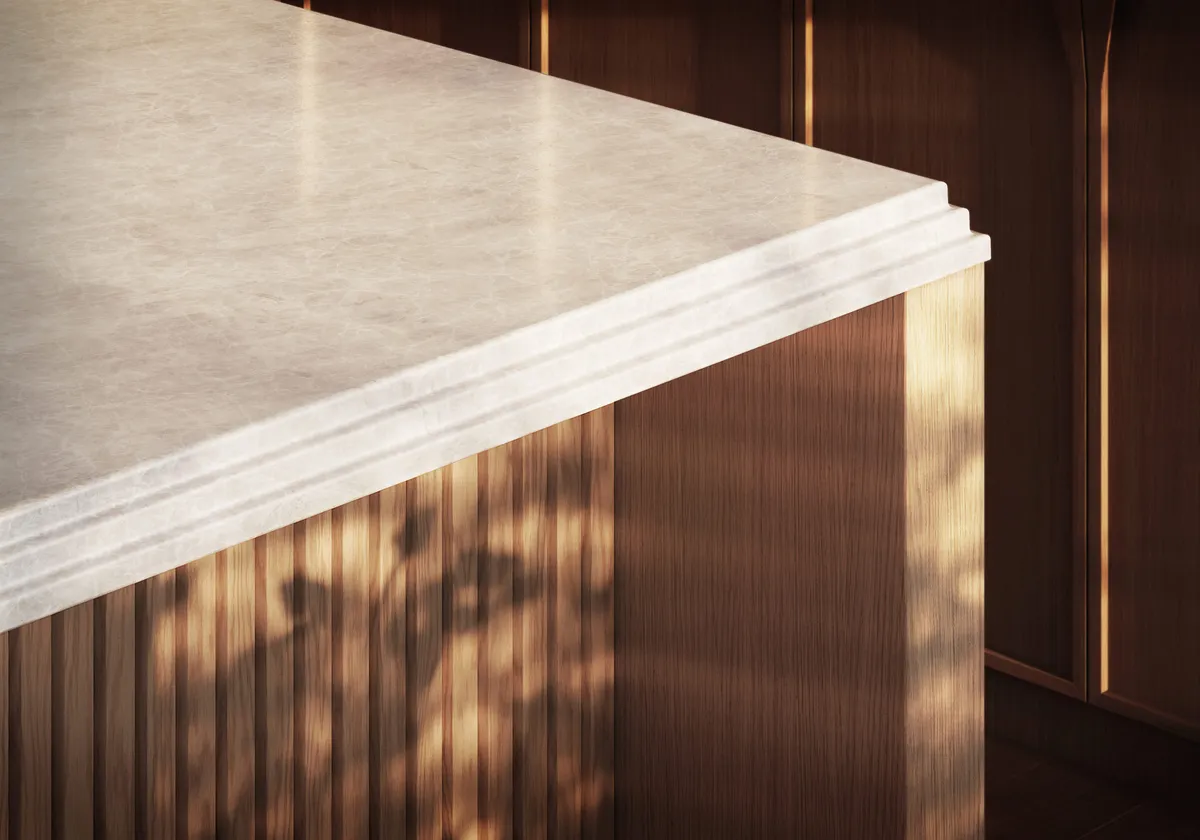 Stone and wood detail at Bergen, Boerum Hill, Brooklyn. CGI by Darcstudio for Avdoo + Partners and Taller Frida Escobedo.