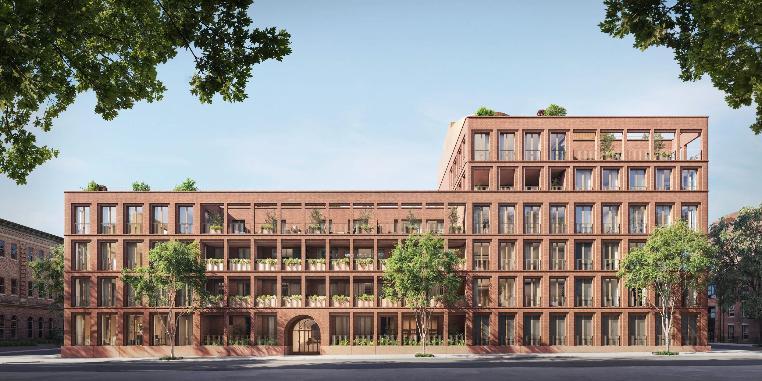 Exterior street view at Boerum Place, Boerum Hill, Brooklyn. CGI by Darcstudio for Avdoo + Partners and Brent Buck Architects.