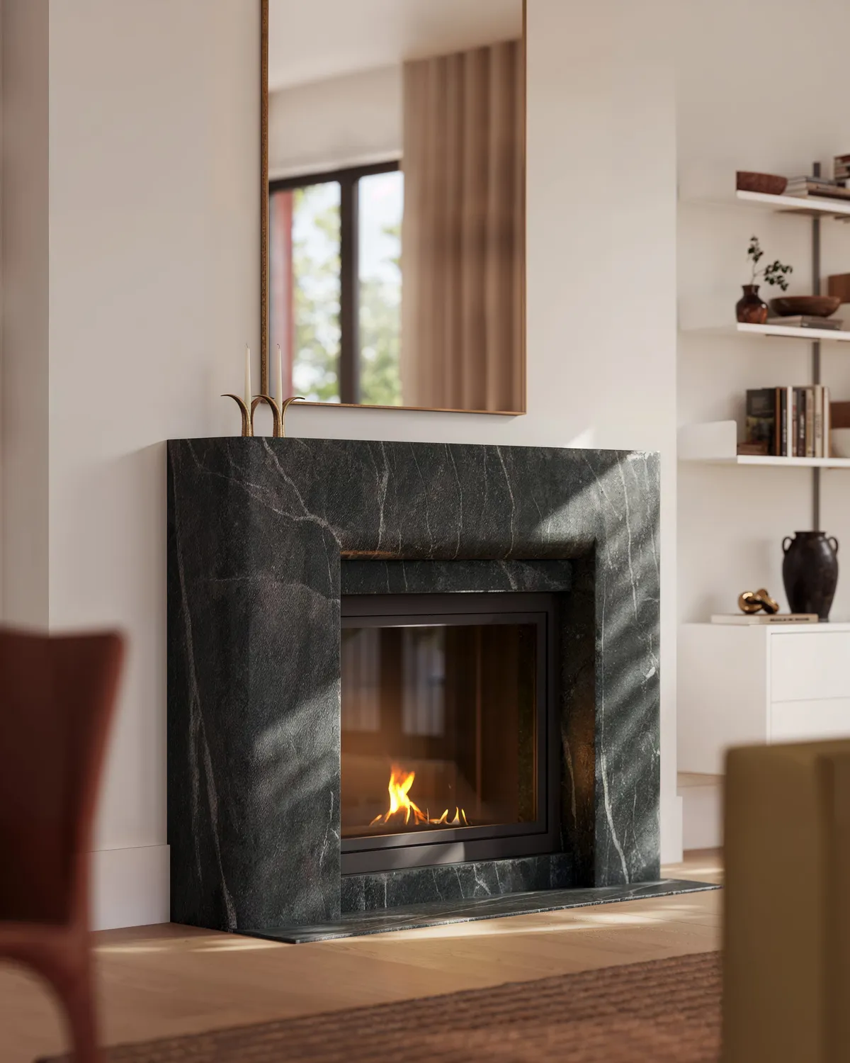 Fireplace detail at Boerum Place, Boerum Hill, Brooklyn. CGI by Darcstudio for Avdoo + Partners and Brent Buck Architects.