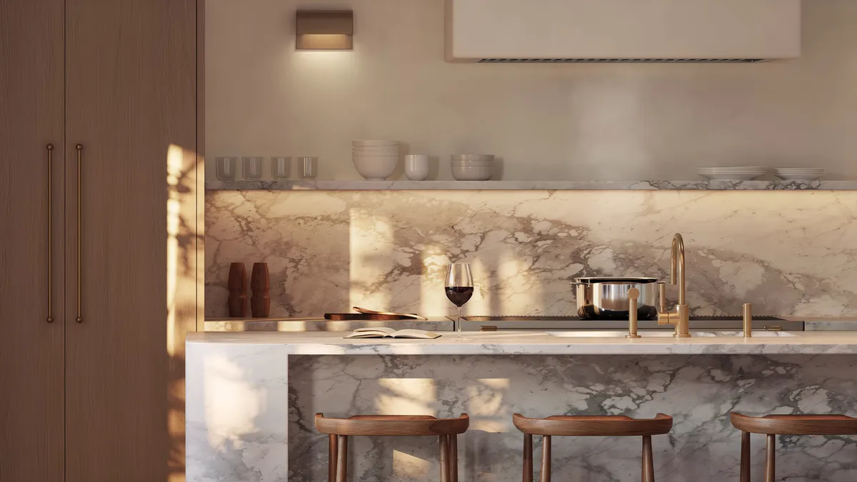 Kitchen detail at Boerum Place, Boerum Hill, Brooklyn. CGI by Darcstudio for Avdoo + Partners and Brent Buck Architects.