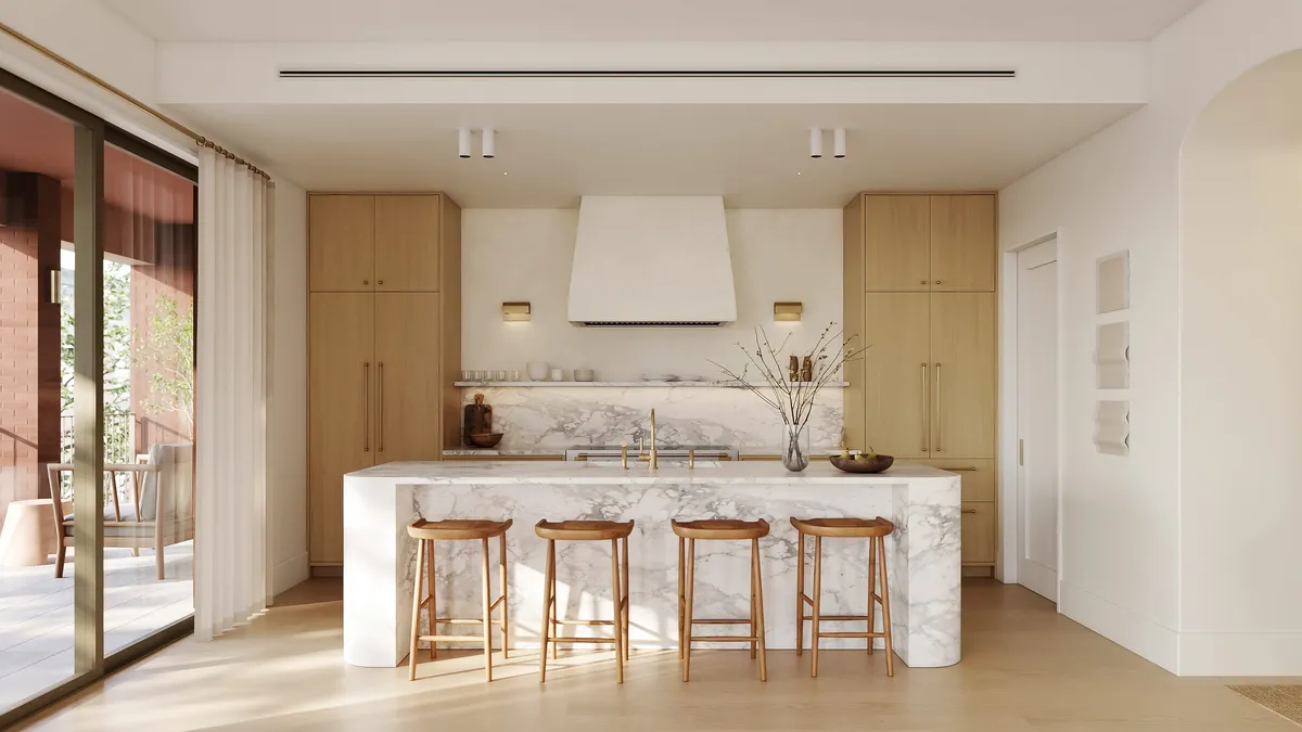 Kitchen overview at Boerum Place, Boerum Hill, Brooklyn. CGI by Darcstudio for Avdoo + Partners and Brent Buck Architects.