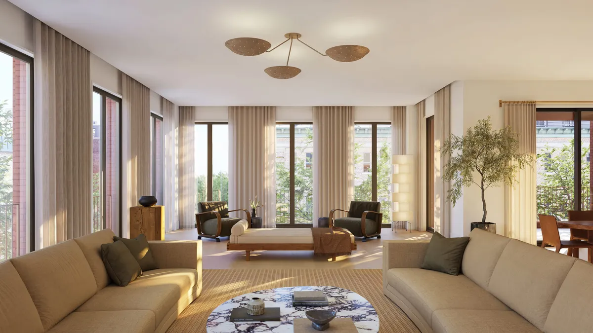 Living room overview at Boerum Place, Boerum Hill, Brooklyn. CGI by Darcstudio for Avdoo + Partners and Brent Buck Architects.