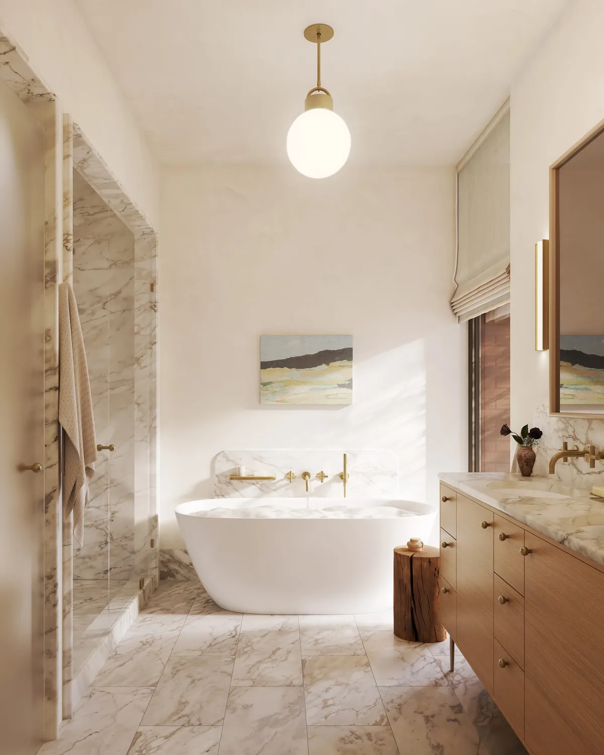 Primary bathroom at Boerum Place, Boerum Hill, Brooklyn. CGI by Darcstudio for Avdoo + Partners and Brent Buck Architects.