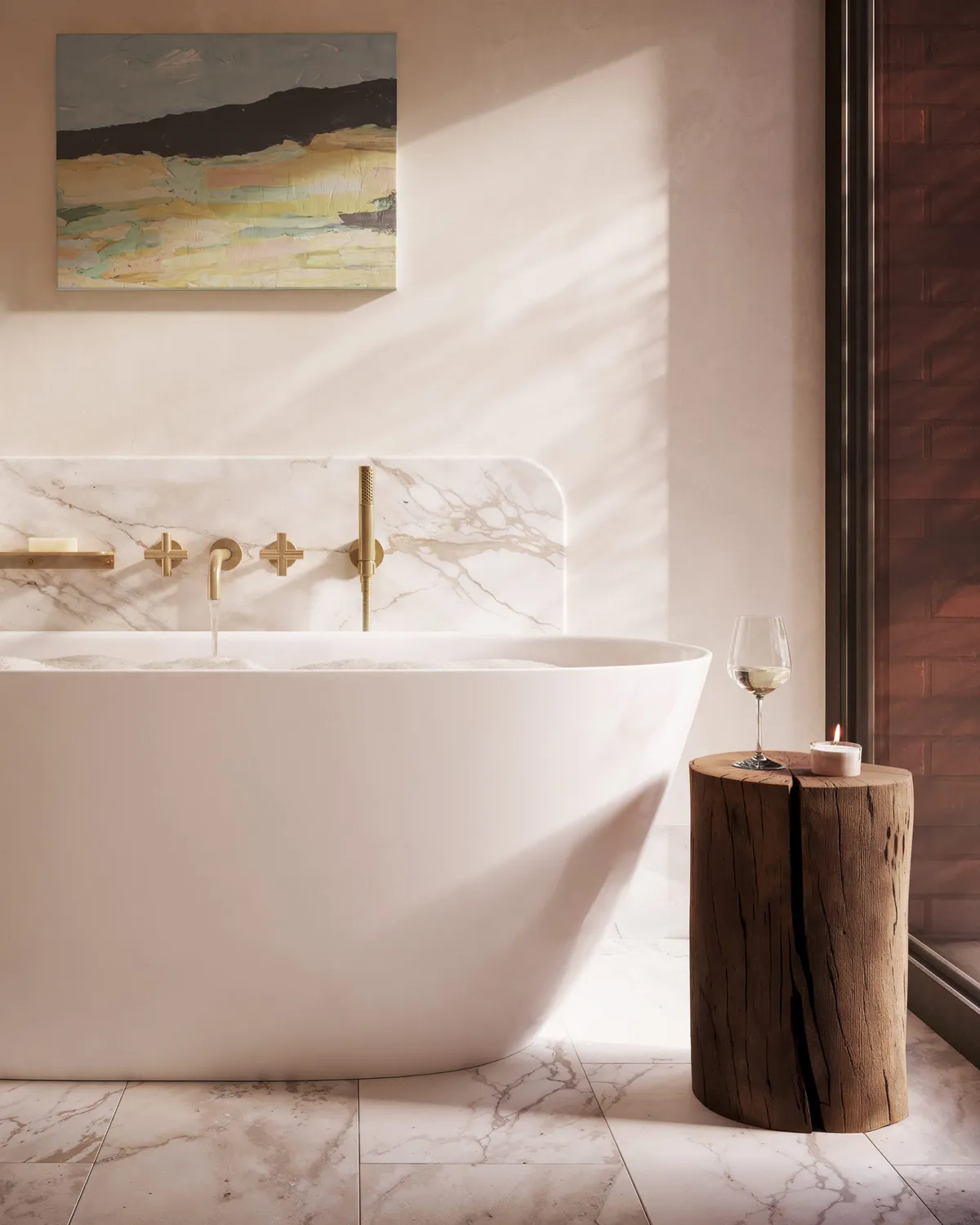 Primary bathroom detail at Boerum Place, Boerum Hill, Brooklyn. CGI by Darcstudio for Avdoo + Partners and Brent Buck Architects.