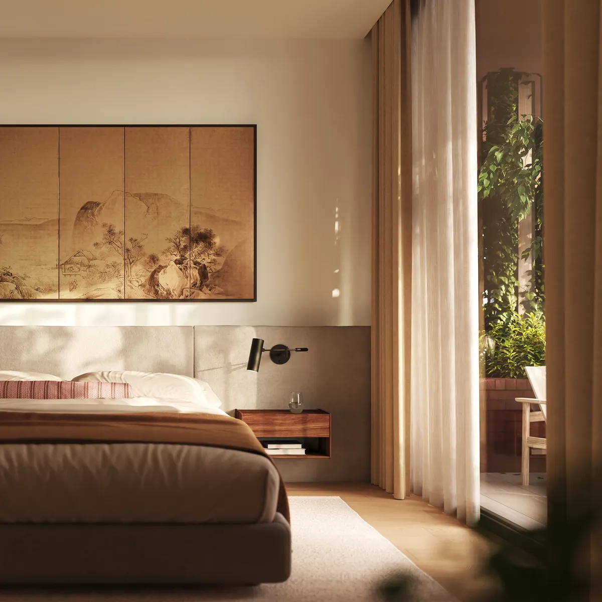 Primary bedroom at Boerum Place, Boerum Hill, Brooklyn. CGI by Darcstudio for Avdoo + Partners and Brent Buck Architects.