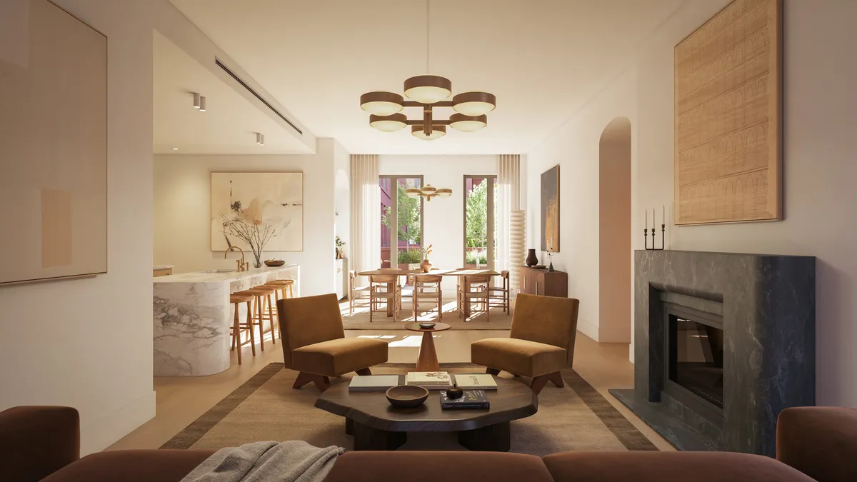 Residence 103 living room at Boerum Place, Boerum Hill, Brooklyn. CGI by Darcstudio for Avdoo + Partners and Brent Buck Architects.