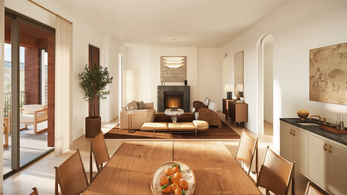 Residence 302 living room at Boerum Place, Boerum Hill, Brooklyn. CGI by Darcstudio for Avdoo + Partners and Brent Buck Architects.