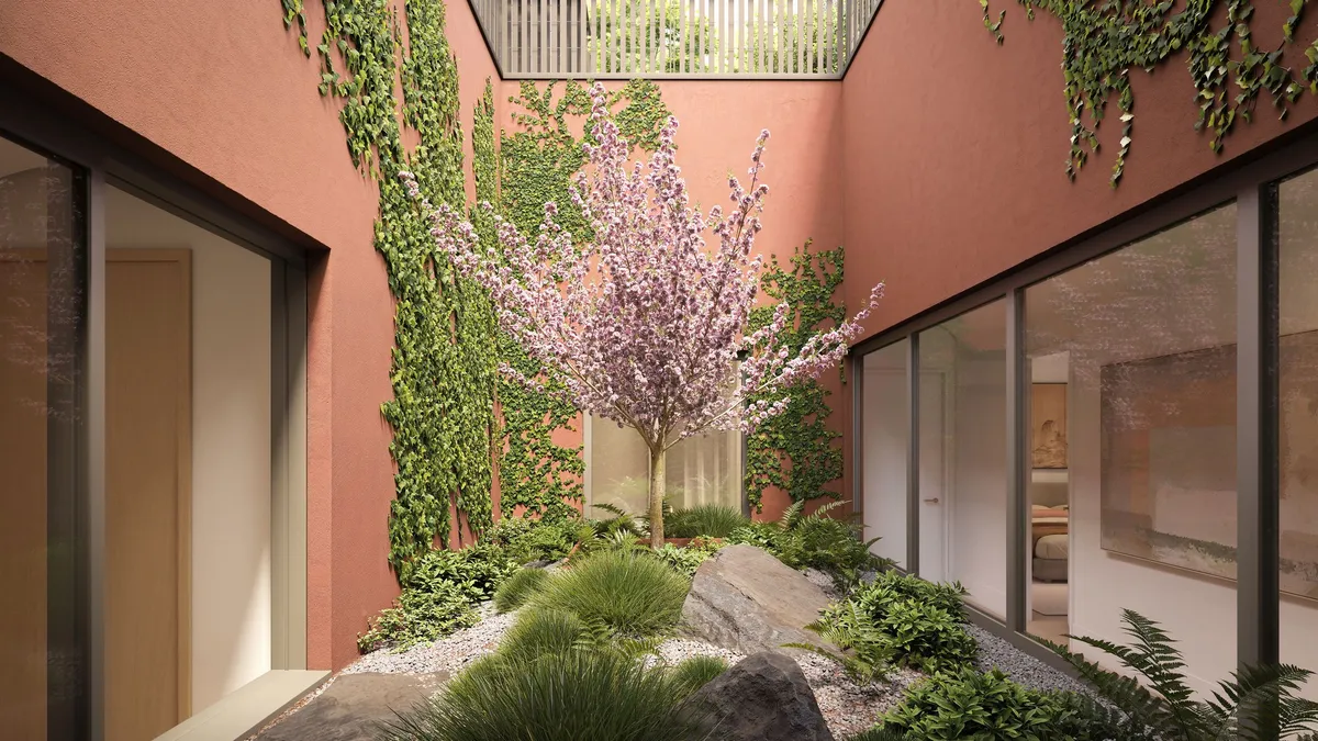 Residence 401 courtyard at Boerum Place, Boerum Hill, Brooklyn. CGI by Darcstudio for Avdoo + Partners and Brent Buck Architects.