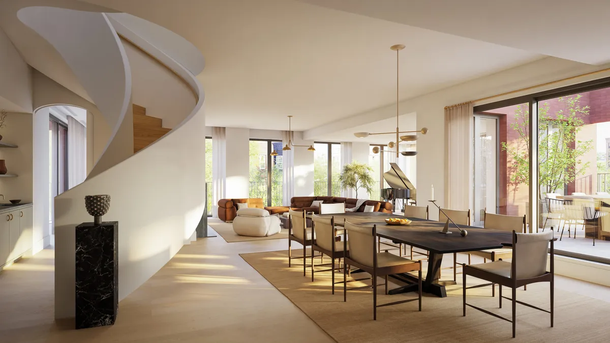 Residence 401 living room at Boerum Place, Boerum Hill, Brooklyn. CGI by Darcstudio for Avdoo + Partners and Brent Buck Architects.