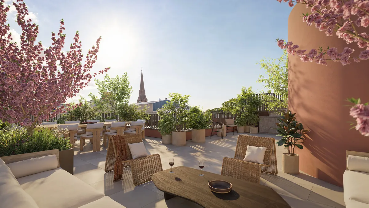 Residence 401 terrace at Boerum Place, Boerum Hill, Brooklyn. CGI by Darcstudio for Avdoo + Partners and Brent Buck Architects.