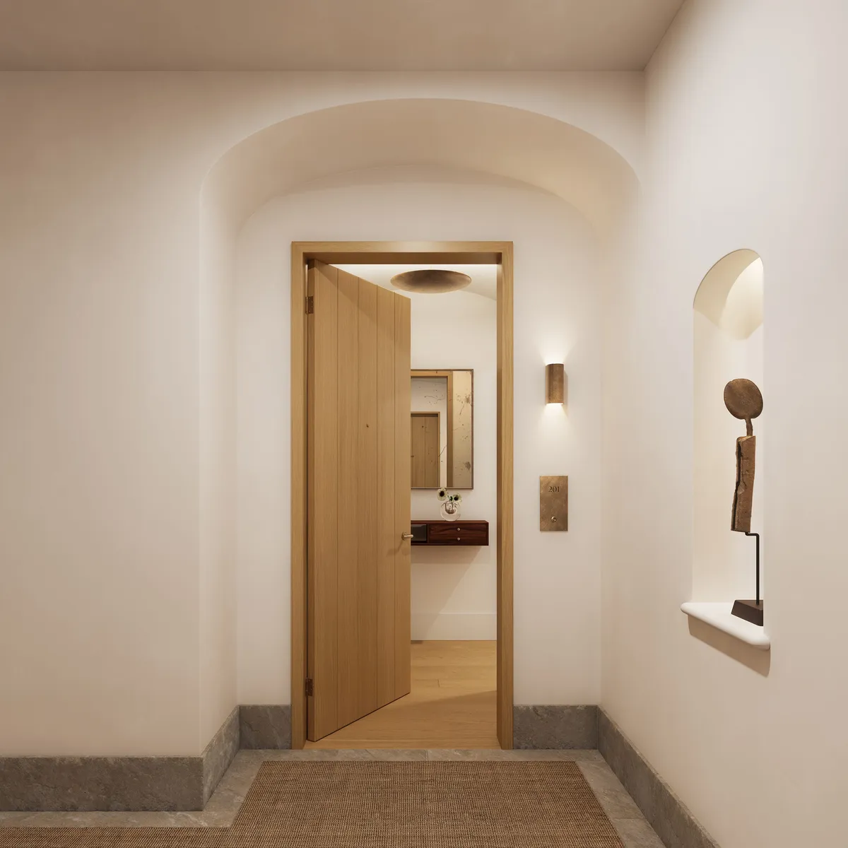 Unit entry at Boerum Place, Boerum Hill, Brooklyn. CGI by Darcstudio for Avdoo + Partners and Brent Buck Architects.