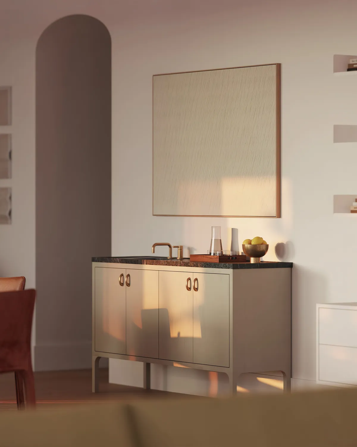 Wet bar at Boerum Place, Boerum Hill, Brooklyn. CGI by Darcstudio for Avdoo + Partners and Brent Buck Architects.