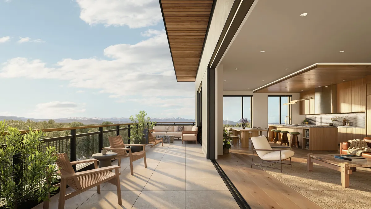 Balcony living room at Bozeman Yards, Bozeman, Montana. CGI by Darcstudio for Streetsense.