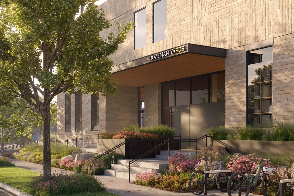 Building entrance at Bozeman Yards, Bozeman, Montana. CGI by Darcstudio for Streetsense.