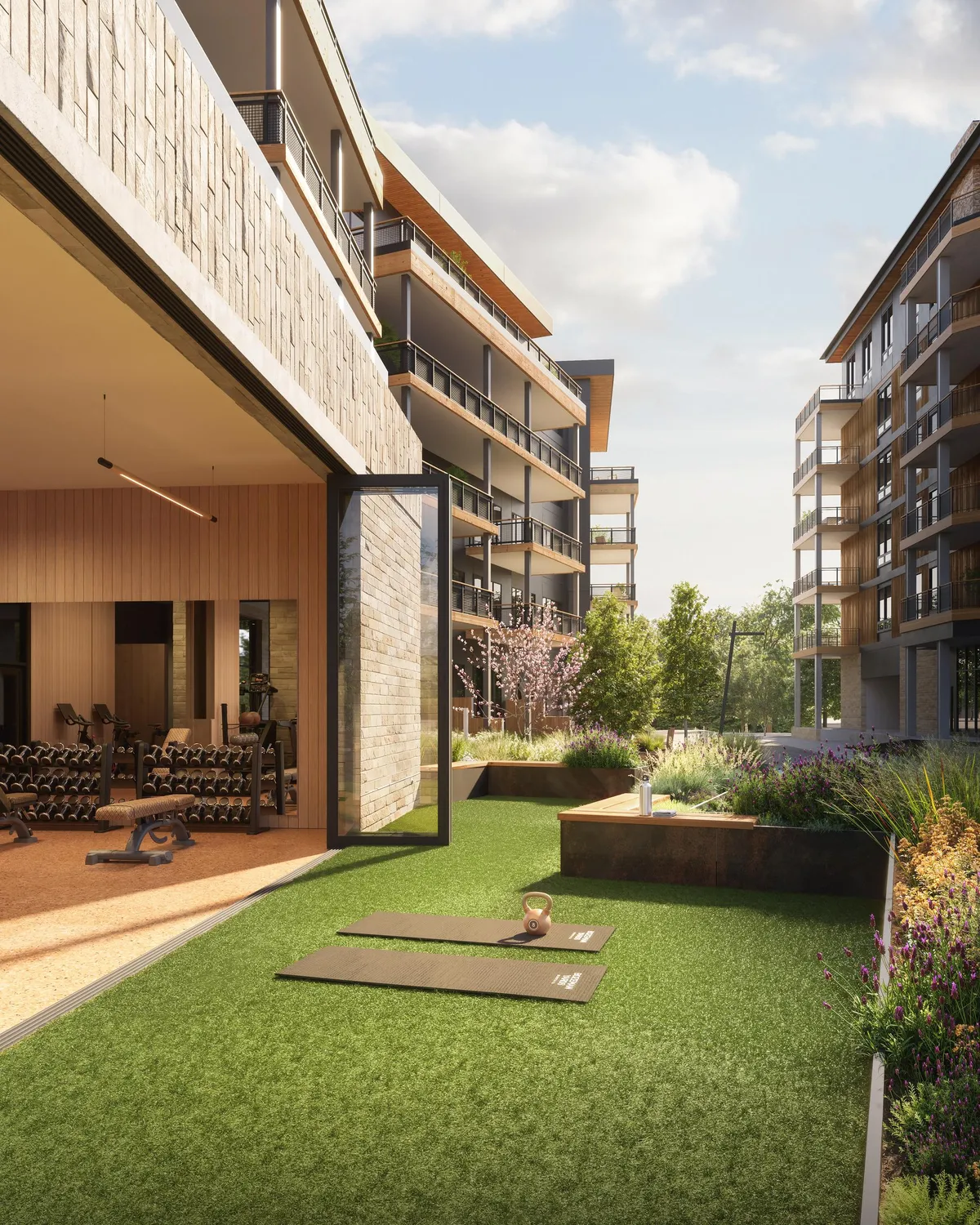 Fitness lawn at Bozeman Yards, Bozeman, Montana. CGI by Darcstudio for Streetsense.