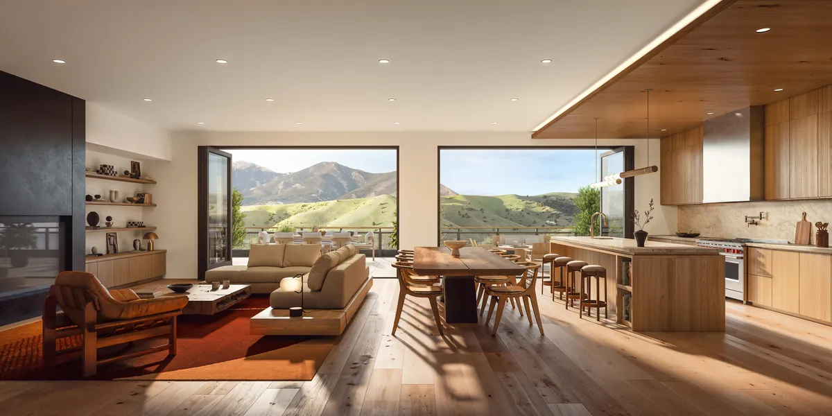Living dining at Bozeman Yards, Bozeman, Montana. CGI by Darcstudio for Streetsense.