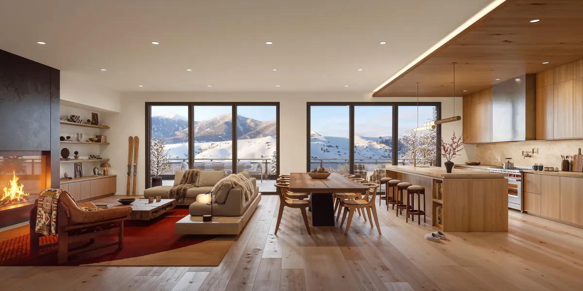 Living dining winter at Bozeman Yards, Bozeman, Montana. CGI by Darcstudio for Streetsense.