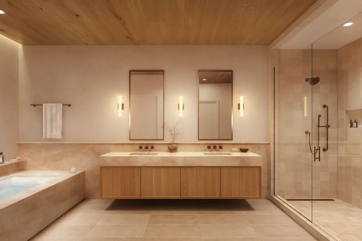 Primary bathroom at Bozeman Yards, Bozeman, Montana. CGI by Darcstudio for Streetsense.