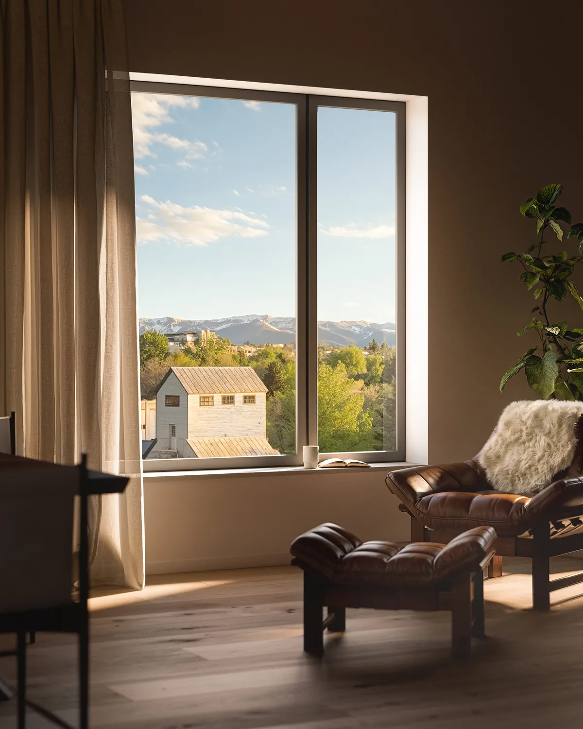 Reading chair window at Bozeman Yards, Bozeman, Montana. CGI by Darcstudio for Streetsense.