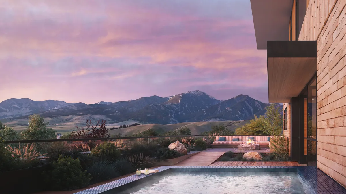 Rooftop terrace dusk at Bozeman Yards, Bozeman, Montana. CGI by Darcstudio for Streetsense.