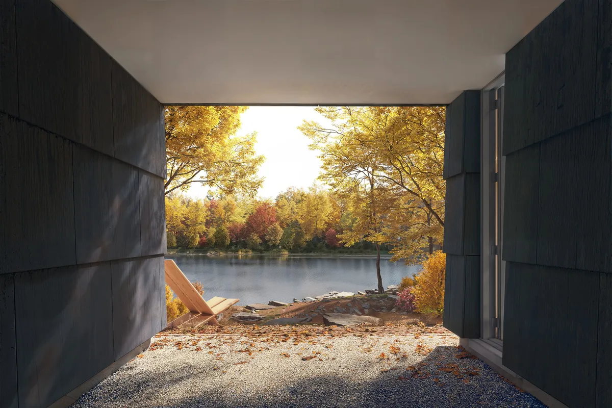 Covered porch at Echo Pond. CGI by Darcstudio for Of Possible.