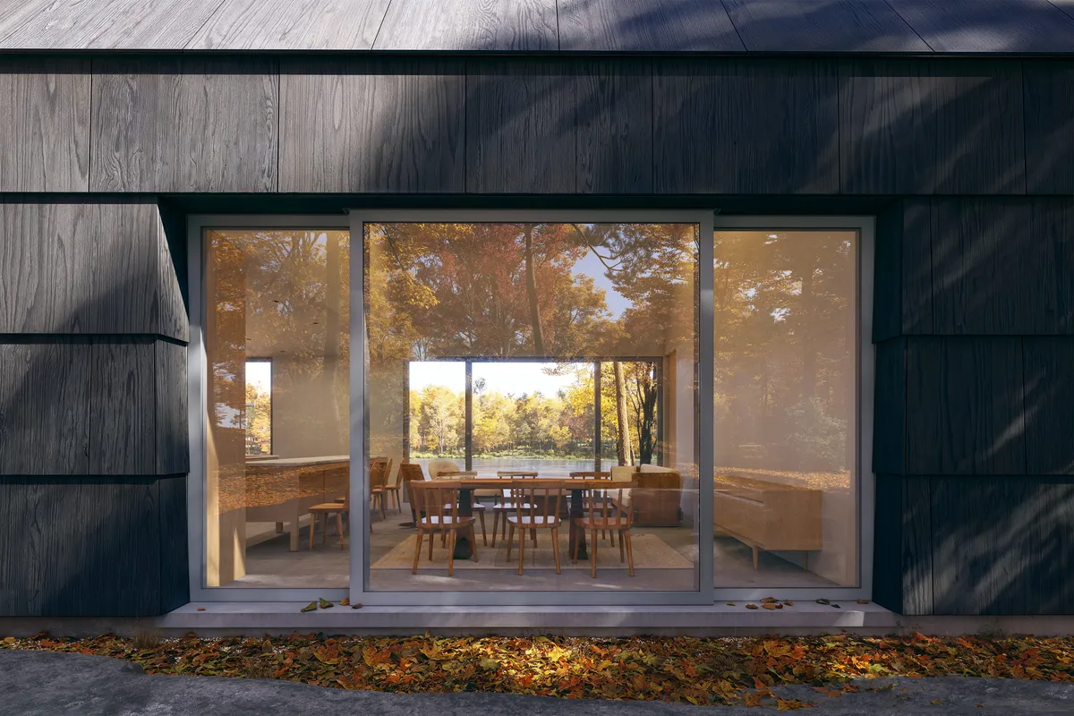 Dining room overlooking the pond at Echo Pond. CGI by Darcstudio for Of Possible.