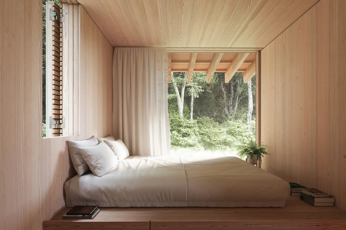 Bedroom with forest view at Engel Road House. CGI by Darcstudio for Of Possible.