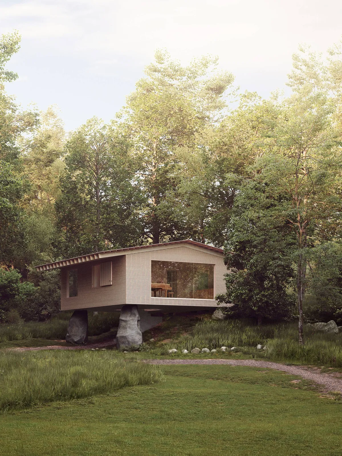 Exterior from the meadow at Engel Road House. CGI by Darcstudio for Of Possible.
