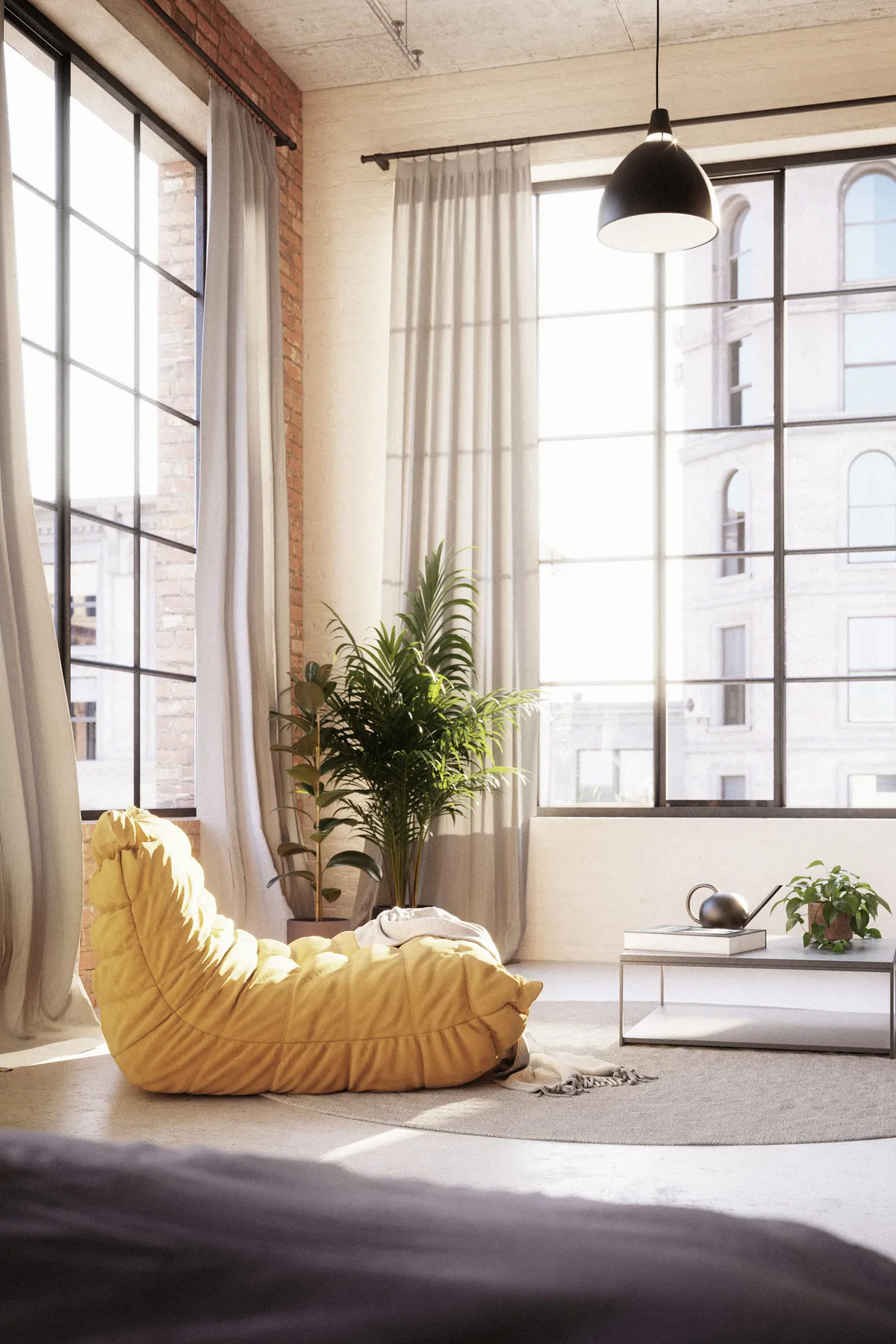 Loft living room in New York. CGI by Darcstudio for Farrow & Ball.