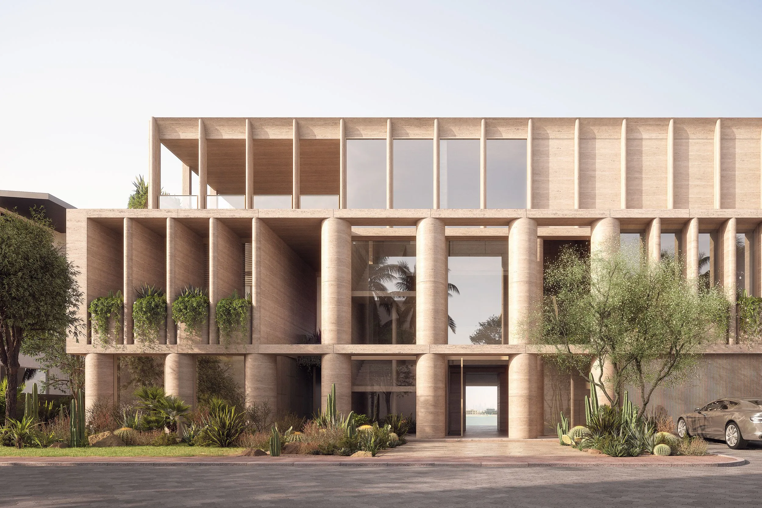 Street facade at Frond J House, Dubai. CGI by Darcstudio for MHNDU.