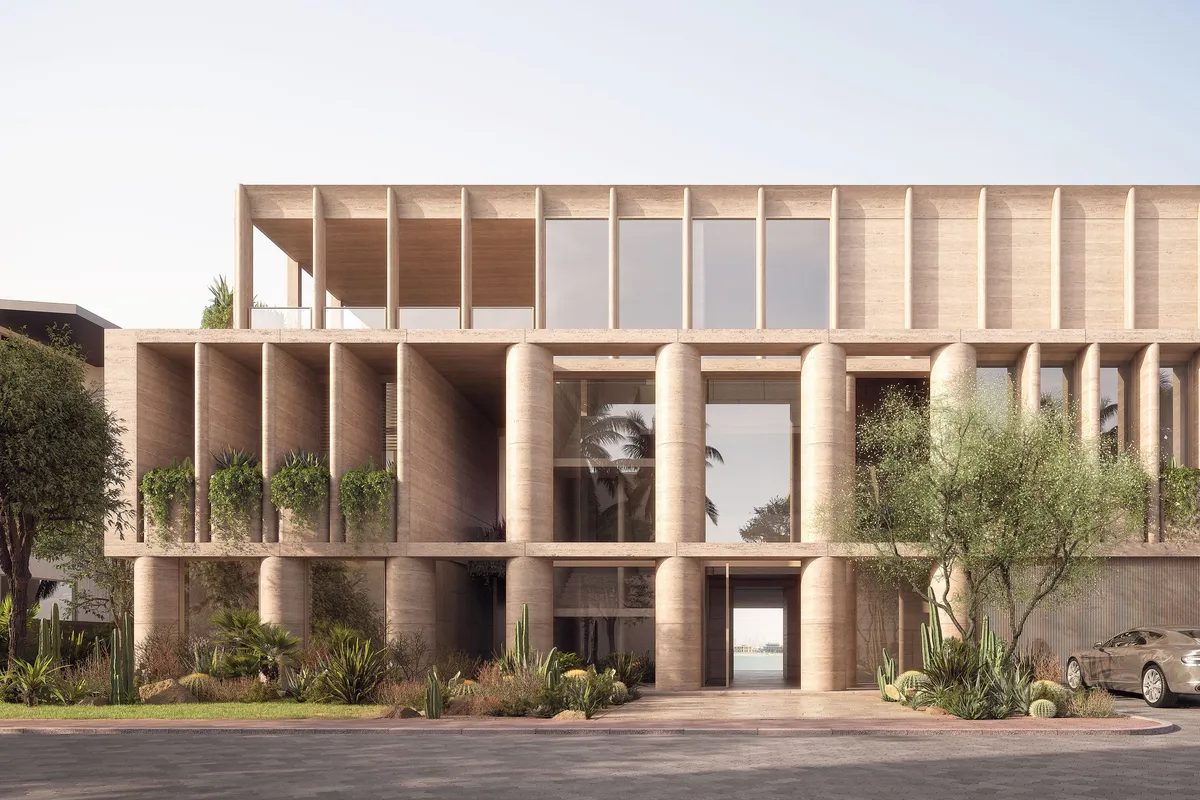 Street facade at Frond J House, Dubai. CGI by Darcstudio for MHNDU.