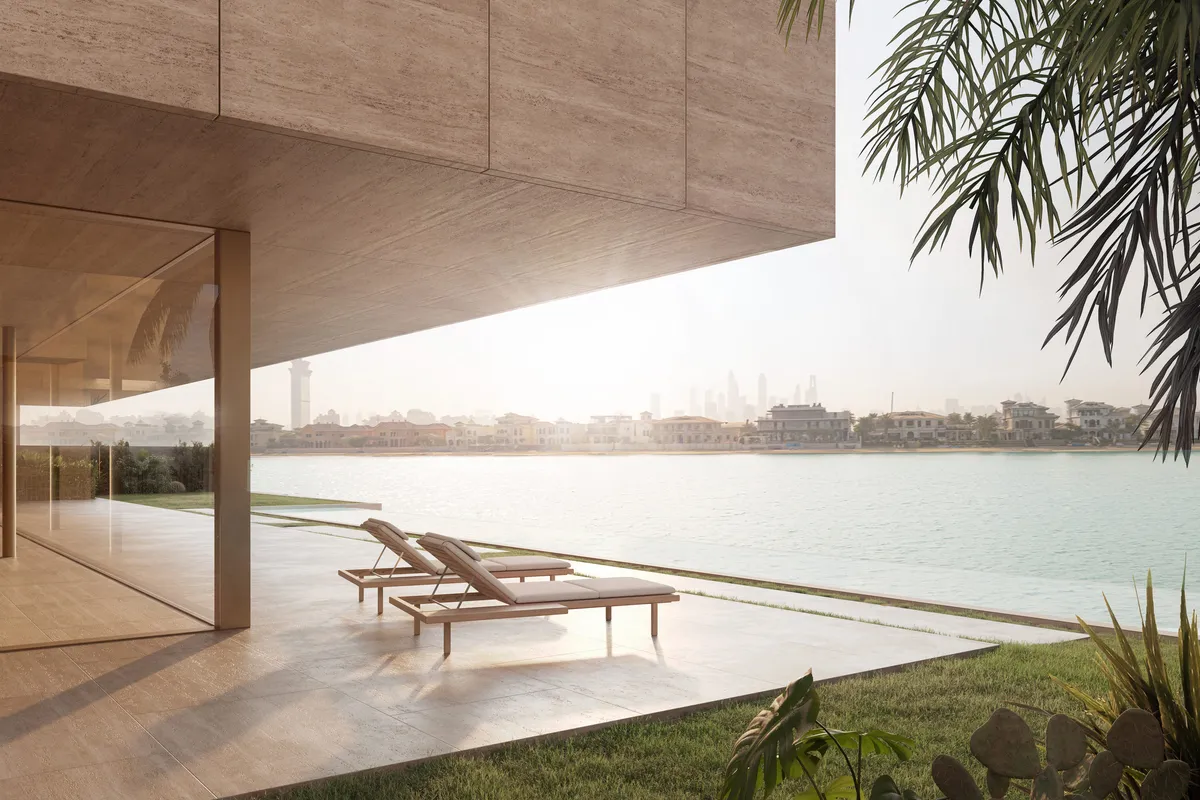 Waterfront terrace at Frond J House, Dubai. CGI by Darcstudio for MHNDU.