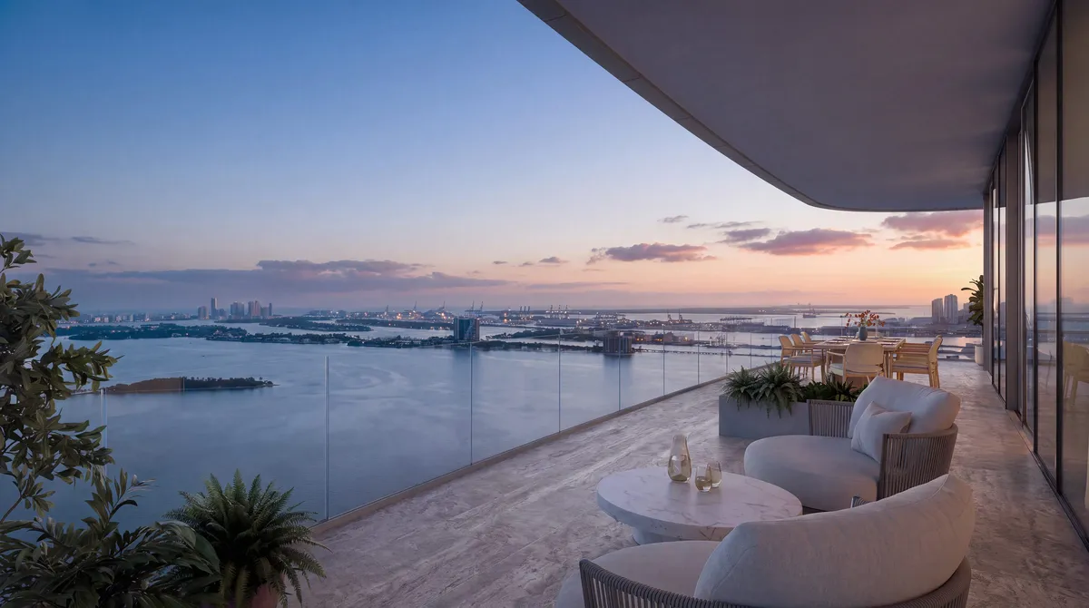 Balcony at dusk at Lilli, Edgewater, Miami. CGI by Darcstudio for OKO Group and Adrian Smith + Gordon Gill Architecture.