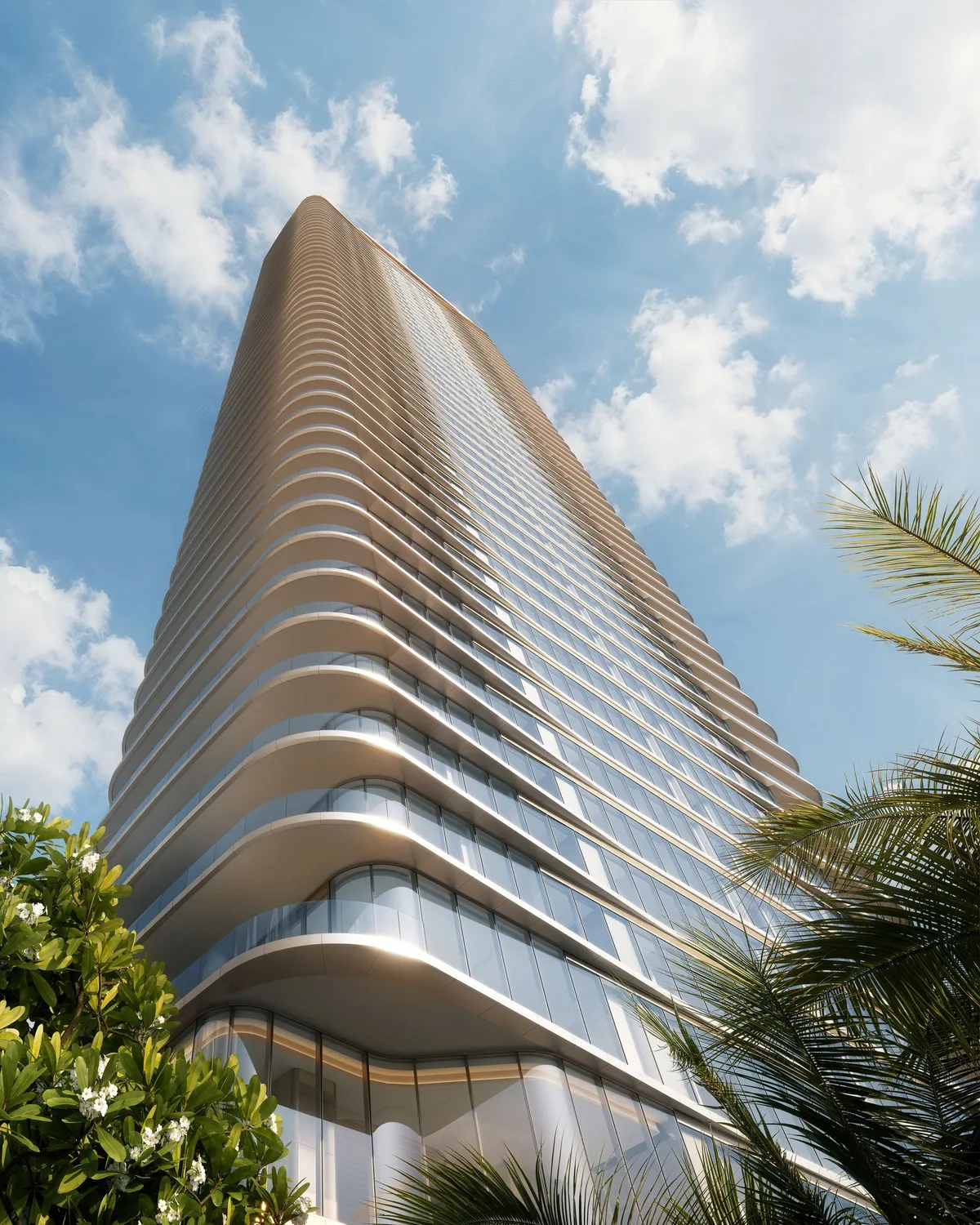 Facade low angle at Lilli, Edgewater, Miami. CGI by Darcstudio for OKO Group and Adrian Smith + Gordon Gill Architecture.