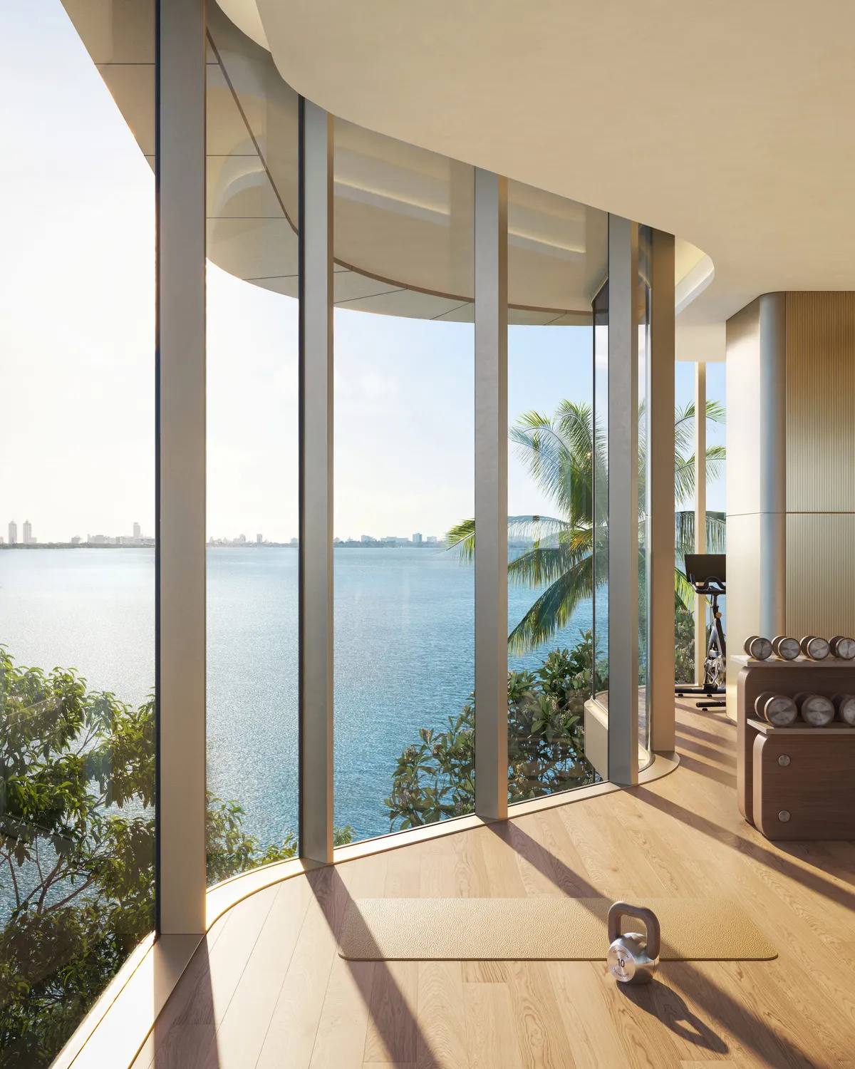 Gym overlooking Biscayne Bay at Lilli, Edgewater, Miami. CGI by Darcstudio for OKO Group and Adrian Smith + Gordon Gill Architecture.