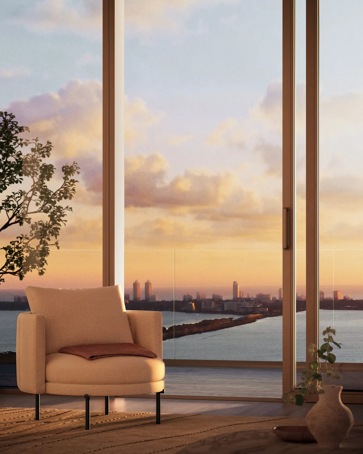Living room at dusk at Lilli, Edgewater, Miami. CGI by Darcstudio for OKO Group and Adrian Smith + Gordon Gill Architecture.