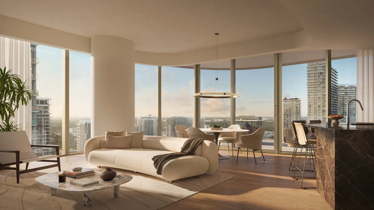 Living room west at Lilli, Edgewater, Miami. CGI by Darcstudio for OKO Group and Adrian Smith + Gordon Gill Architecture.