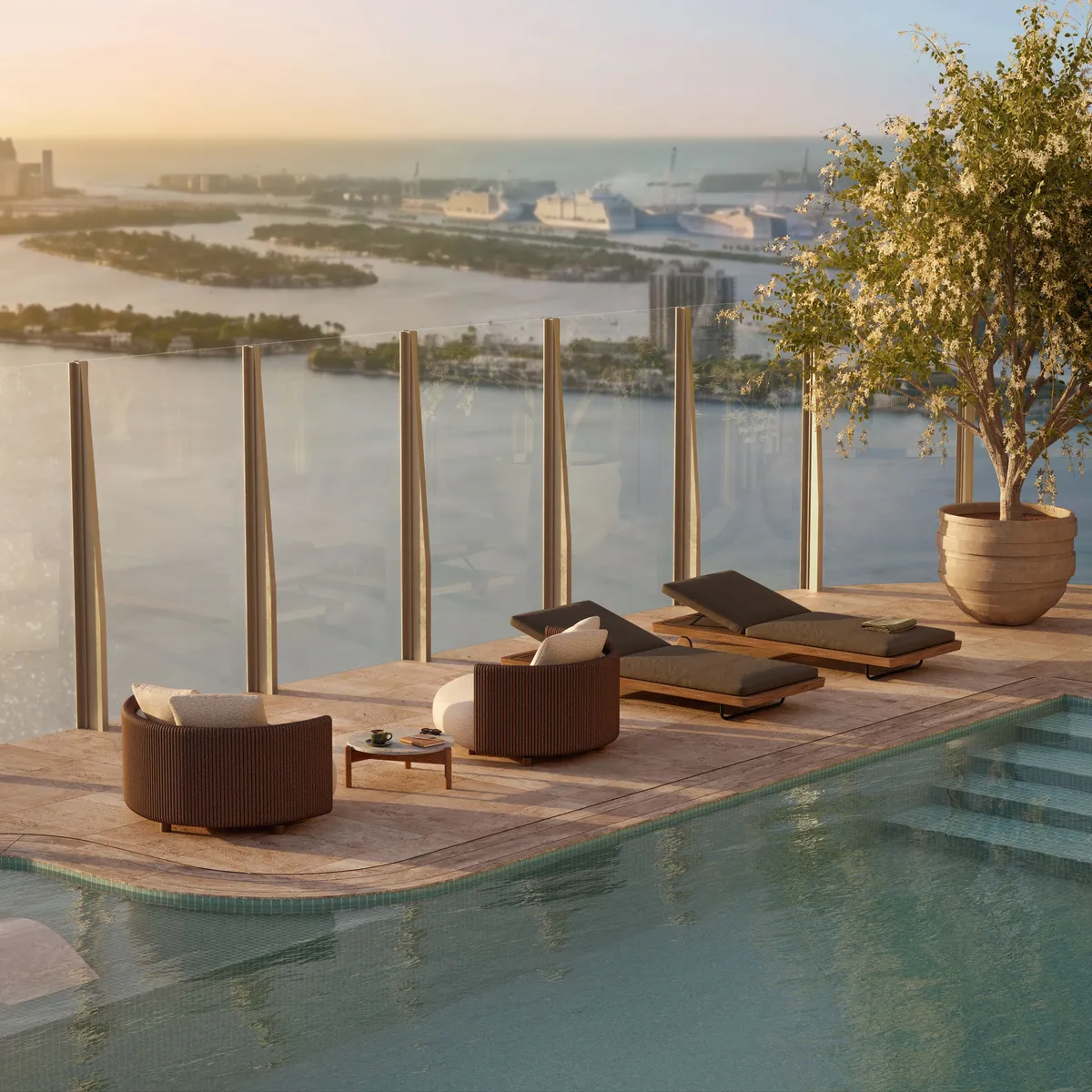 Pool deck with bay view at Lilli, Edgewater, Miami. CGI by Darcstudio for OKO Group and Adrian Smith + Gordon Gill Architecture.