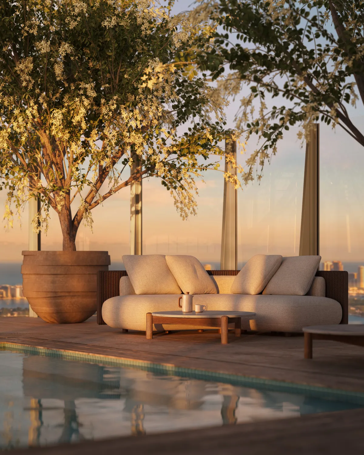 Pool lounge at Lilli, Edgewater, Miami. CGI by Darcstudio for OKO Group and Adrian Smith + Gordon Gill Architecture.