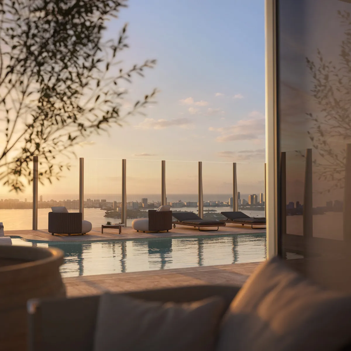 Pool terrace at Lilli, Edgewater, Miami. CGI by Darcstudio for OKO Group and Adrian Smith + Gordon Gill Architecture.