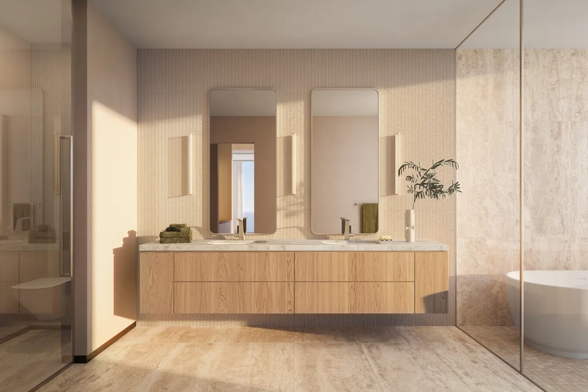 Primary bathroom at Lilli, Edgewater, Miami. CGI by Darcstudio for OKO Group and Adrian Smith + Gordon Gill Architecture.